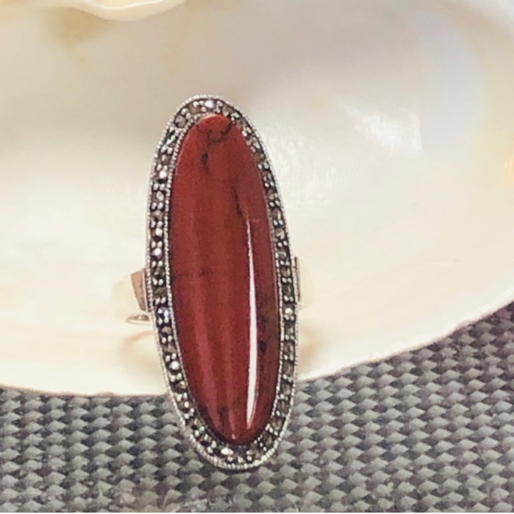 Red Jasper Marcasite Silver Ring, Size 9